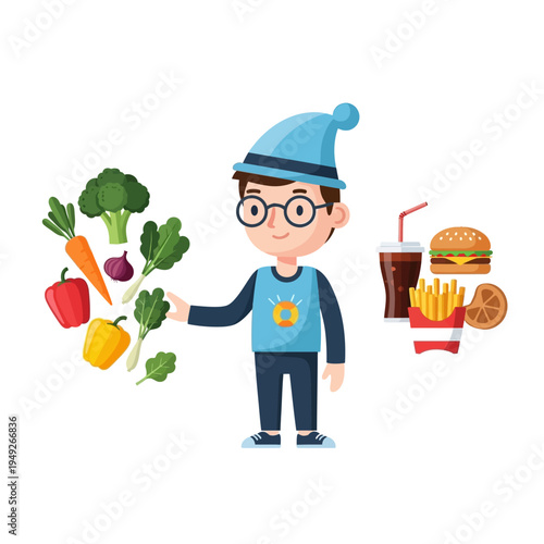 Boy choosing between healthy vegetables and unhealthy fast food