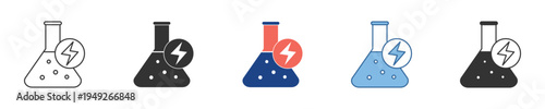 Modern vector icons of a chemical flask with a lightning bolt, symbolizing energetic scientific reactions, laboratory power, experimental innovation, and the dynamic potential of chemistry research
