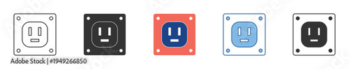 Diverse set of electrical power outlet icons presented in various styles and color schemes, illustrating universal connection points for modern devices and home appliances