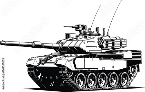Black and white of a military tank with long gun and antennae vehicle armored
