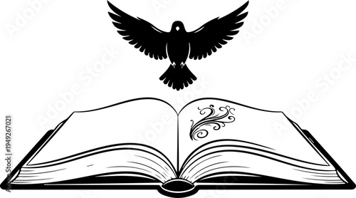 Open Book with Bird Flying silhouette vector illustration