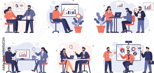 Business professionals collaborating and analyzing data in modern office settings