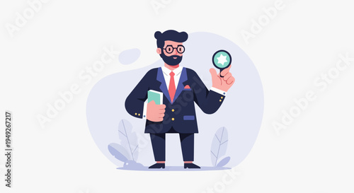 Businessman with magnifying glass and book, observing a star-like object