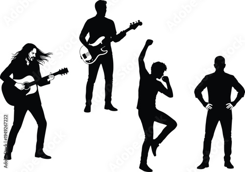 Black Silhouette Silhouettes of Rock Band Musicians Including Acoustic Guitarist Bass Player Energetic Male Singer and Manager Isolated on White Background for Music Design