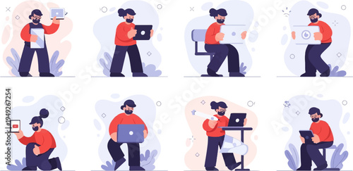 Cartoon man using various portable devices for work and communication