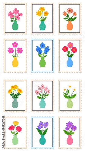 Colorful flower bouquets in vases