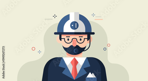 Cartoon man wearing a hard hat and suit with headset