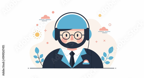 Bearded man with headphones and suit, with abstract shapes and sun