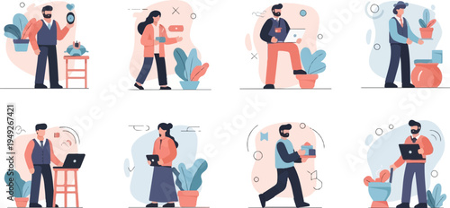 Business professionals engage in various work and leisure activities with modern tools