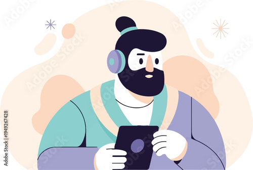 Bearded man with headphones and tablet, abstract shapes background