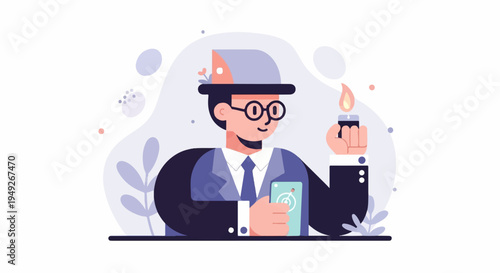Businessperson with hat, glasses, phone, and lit lighter