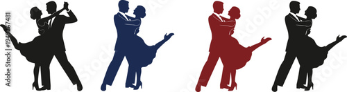 Elegant ballroom dancing couple silhouettes in multiple colors featuring sophisticated man and woman performing tango or waltz isolated on white background for event invitations.