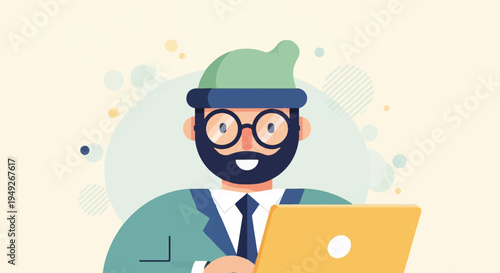 Bearded man in hat and glasses with laptop