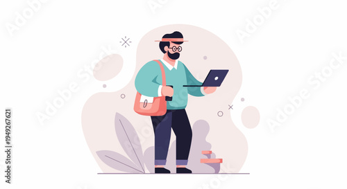 Bearded man in hat and glasses with laptop and satchel