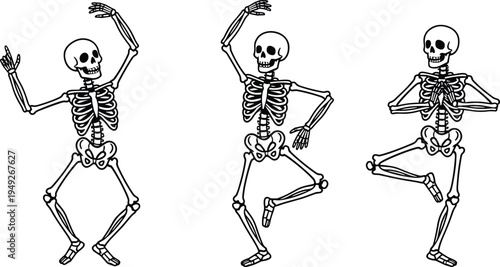 Set of three dancing human skeleton illustrations in yoga poses and expressive movements isolated on white background for Halloween or anatomy education vector graphics