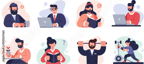 Business professionals engaged in various activities like working, reading, and exercising