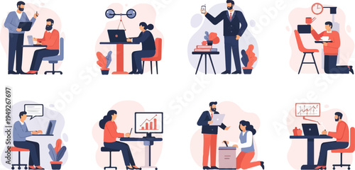 Busy office workers collaborating, working, and taking breaks at desks