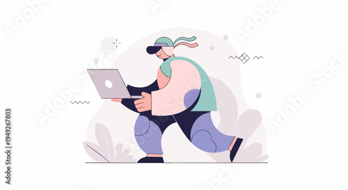 Animated figure running while holding a laptop with abstract shapes