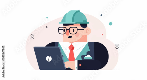 Cartoon architect with hard hat and glasses works on laptop