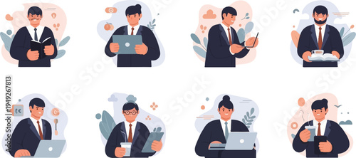 Business professionals engaged in various tasks with diverse equipment