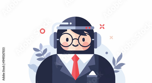Cartoon avatar in a suit with headphones and a headset, surrounded by stylized plants