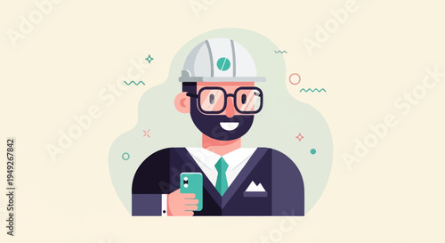 Animated engineer in hard hat with glasses holds phone, wearing suit and tie