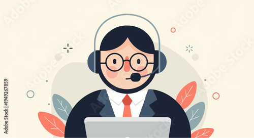 Animated depiction of a person in a suit and tie, wearing headphones and glasses, looking at a laptop