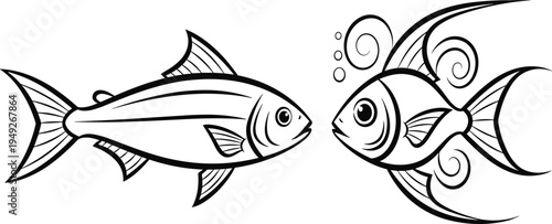 Two cartoon fish facing each other in black and white two fish