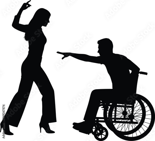 Silhouette of a woman walking away from a man in a wheelchair during a relationship conflict or emotional breakup in a minimalist studio setting.
