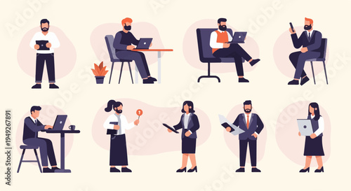 Business professionals engaged in various work activities with technology and documents