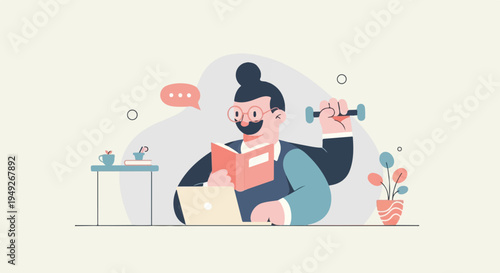Animated character with multiple arms reading book while working and exercising