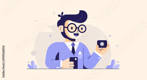 Animated man in suit holding coffee cup and phone with smile