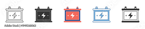 Diverse vector icon set of car batteries in multiple graphic styles. Symbolizing automotive power, vehicle energy, and essential electrical system components for starting and charging