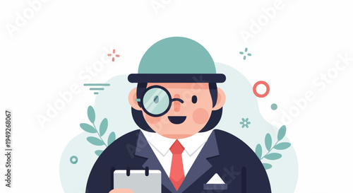 Cartoon business person with monocle and hat, holding a notepad