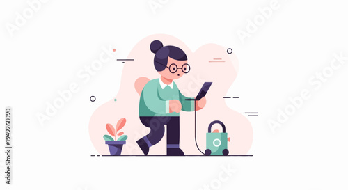 Animated person with bun hairstyle and glasses uses a mobile device