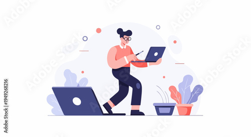 Animated person with glasses holding laptop and stylus near plants