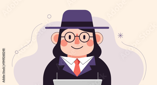 Animated woman in hat, glasses, suit, and tie at a podium