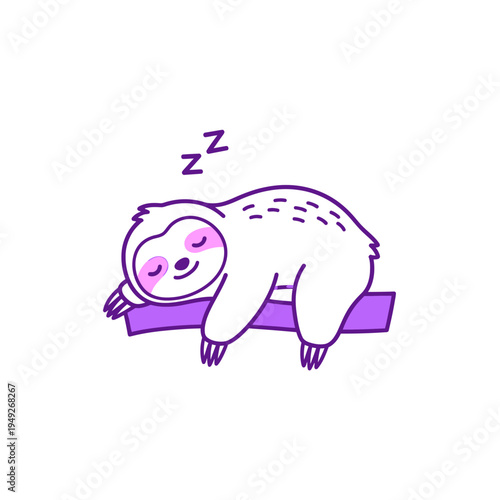 Cute cartoon sleeping sloth illustration with 'Zzz' symbol. Adorable lazy animal character resting on a branch, relaxation concept.
