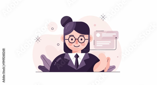 Animated woman with glasses in suit interacting with digital interface