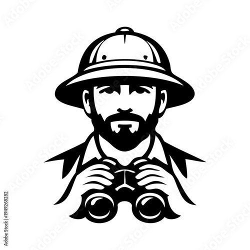 Logo explorador. Icono con cabeza de hombre con sombrero de safari sujetando unos prismáticos, visto de frente 