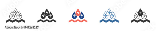 Diverse vector icon collection illustrating sustainable hydropower and renewable energy, showcasing water-generated electricity symbols for eco-friendly power solutions