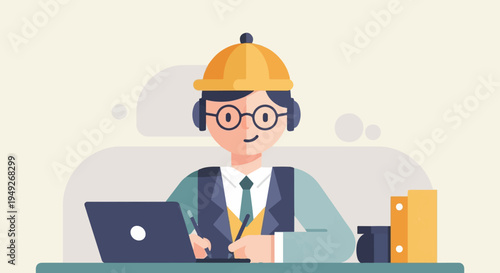 Animated person with headphones and hat works on laptop, writing