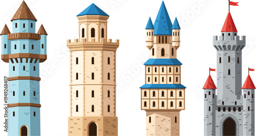 Set of Different Castles and Towers with Colorful Roofs and Flags in Vector Style