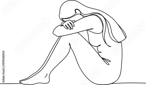 Minimalist continuous line art drawing of a contemplative person sitting on the ground with knees drawn up, white background, illustration.