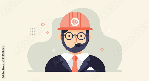 Animated stylized portrait of a bearded man in hard hat and suit