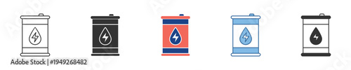 A set of stylized barrel icons, symbolizing diverse energy sources such as fuel, electricity, and water, perfect for themes of power, resources, and sustainability