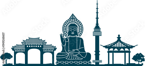 South Korea Skyline Silhouette with N Seoul Tower and Great Buddha Statue. Korea Travel Destination Concept: Iconic Landmarks and Traditional Architecture Silhouette.