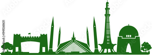 Pakistan Landmark Skyline Silhouette with Minar-e-Pakistan and Faisal Mosque. Illustration of Pakistan Landmarks including Bab-e-Khyber and Mazar-e-Quaid