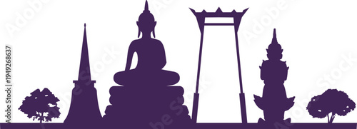 Bangkok City Skyline Silhouette with Famous Thai Landmarks. Thailand Tourism Concept: Iconic Bangkok Monuments and Temples Silhouette.