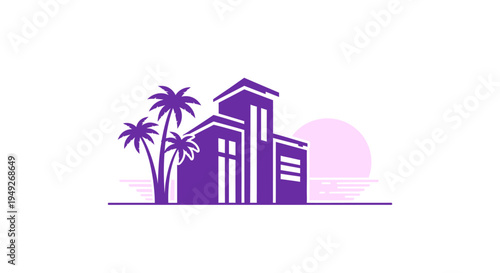 Modern tropical resort building icon with palm trees and a stylized sun at the horizon. Ideal for vacation, hotel, and real estate branding.